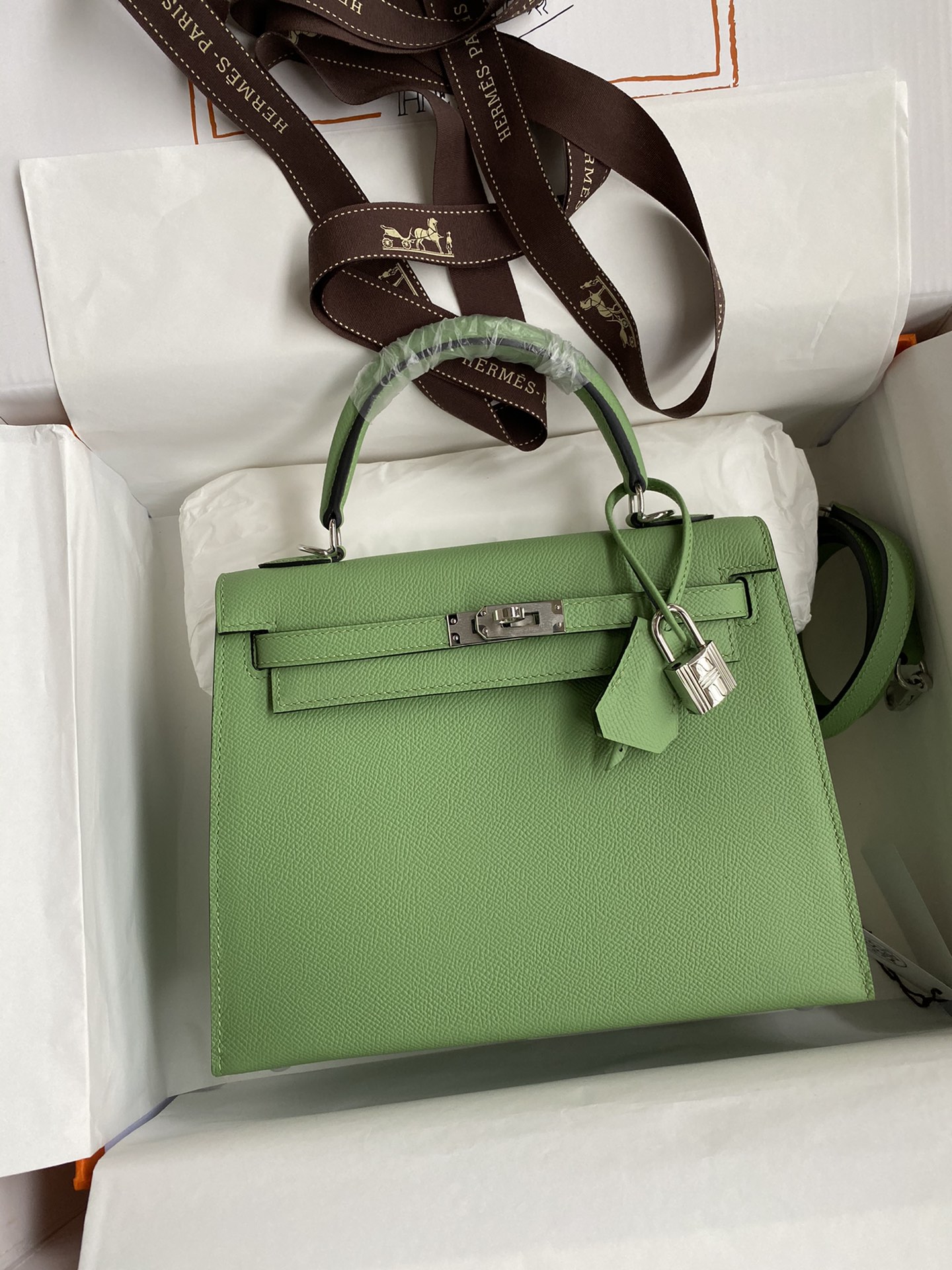 Hermes Kelly 25cm Handbag Shoulder Bag in Green Kiwi Epsom Leather